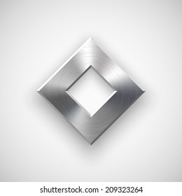 Abstract rhombic badge, blank button template with metal texture (chrome, silver, steel), realistic shadow and light background for web user interfaces, UI, applications and apps. Vector illustration.
