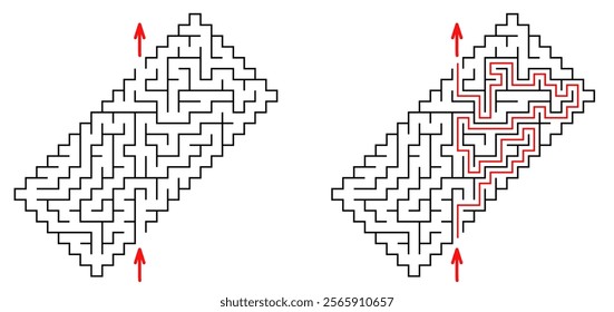 Abstract rhombus labyrinth with solution. Not hard vector maze. Black and white riddle for kids, parents and family activity.
