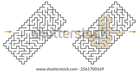 Abstract rhombus labyrinth with solution. Not hard vector maze. Black and white riddle for kids, parents and family activity.
