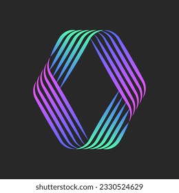 Abstract rhombus logo, infinite overlapping thin lines geometric shape, vibrant green and violet gradient striped hipster emblem, intertwined ribbons pattern.