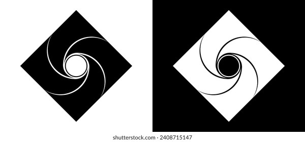 Abstract rhombus with swirl art lines and circle inside. A black figure on a white background and an equally white figure on the black side.