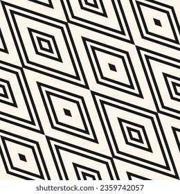 Abstract rhombuses geometric seamless pattern. Monochrome vector background with lines, big diagonal diamonds. Simple plaid ornament. Elegant black and white graphic texture. Repeat modern geo design