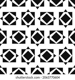 Abstract rhombuses inside squares. Black and white blend harmoniously to create a seamless pattern.