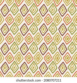 Rombos abstractos utilizan un patrón vectorial sin fisuras. Grunge la textura tribal. Fondo geométrico de estilo boho. Patrón de diamante geométrico marrón, naranja, amarillo y verde multicolor.