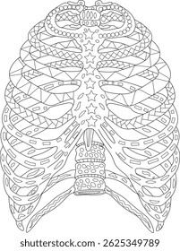 Abstract Rib Cage Line Art for Coloring Book, Detailed line art illustration of a human rib cage filled with abstract patterns. Perfect for coloring books, educational materials, medical