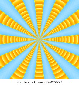 Abstract ribbed yellow summer sun beams on pale blue background