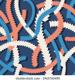 abstract ribbon seamless pattern. yellow, beige, burgundy swirling ribbons of different sizes randomly arranged on a black background. vector