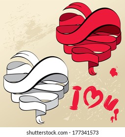 Abstract ribbons in heart shapes - design elements. 