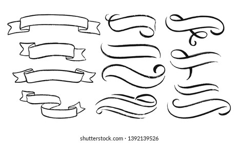 Abstract ribbons and other elements in hand drawn style for concept design. Doodle illustration. Vector template for decoration