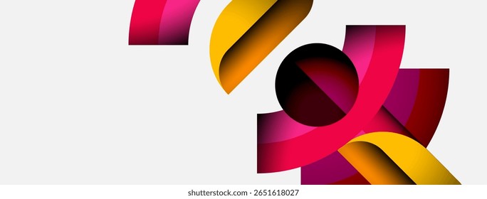 Abstract ribbons, vibrant colors, dynamic composition. Modern design, clean background, circular elements present. Bold shapes, gradient hues.