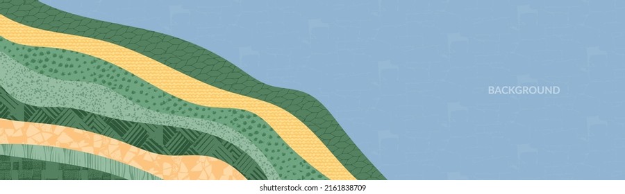 Abstract Rice Field Or Art Asian Banner. Curly Mountain Eco Farm Vector Background. Green Hill Horizon Illustration, Oriental Retro Pattern. Summer Landscape Template. Nature Panorama With Texture