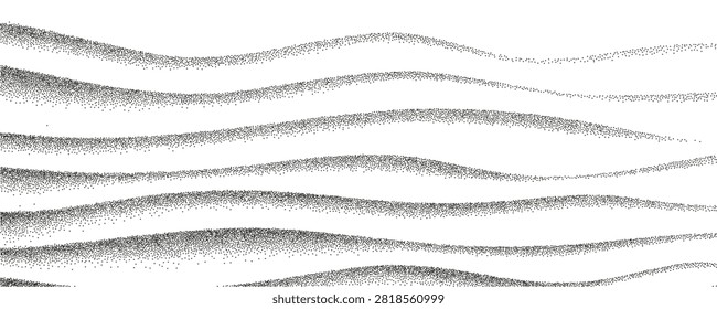 Abstract rice field contour lines. Black stipple grain wave texture with vintage halftone effect. Organic topographic landscape pattern, dotted terrain vector background illustration