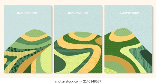 Abstract rice field with green texture vector illustration background. Set of mountain agriculture landscape poster. Ecology countryside, hill shape, decoration collection of eco farmland, nature art