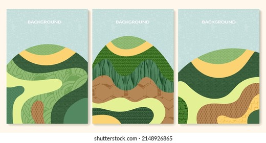 Abstract rice field with green texture vector illustration background. Set of mountain agriculture landscape poster. Ecology countryside, hill shape, decoration collection of eco farmland, nature art