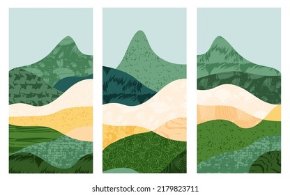 Resumen de campo de arroz con fondo de ilustración de vector de textura verde. Cartel del paisaje de la agricultura de montaña. Campiña ecológica, forma de colina, colección de decoración de tierras de cultivo ecológico, arte natural