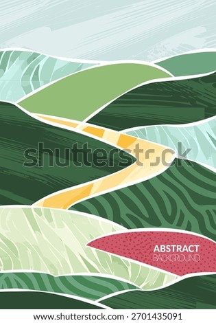 Abstract rice field with green texture vector illustration background. Set of mountain agriculture landscape poster. Ecology countryside, hill shape, decoration collection of eco farmland, nature art