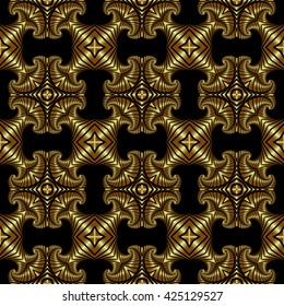 Abstract rich seamless pattern with polished golden ornamental elements on black background