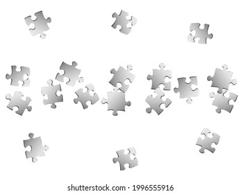Abstract riddle jigsaw puzzle metallic silver pieces vector background. Top view of puzzle pieces isolated on white. Cooperation abstract concept. Game and play symbols.
