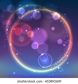 Abstract ring background with luminous swirling sparkle. Glowing spiral. Shine round frame with circles light effect on bright background with bokeh effect.