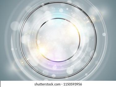 Abstract ring background. Metal chrome shine round frame with light circles and spark light effect. Vector sparkling glowing stainless steel cover. Space for your message
