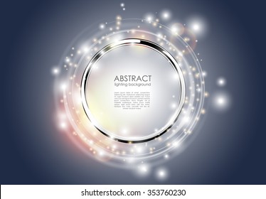 Abstract ring background. Metal chrome shine round frame with light circles and spark light effect. Vector sparkling glowing stainless steel cover. Space for your message.
