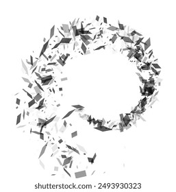 An abstract ring of grayscale shards, creating a circular frame with a hollow center on a white background