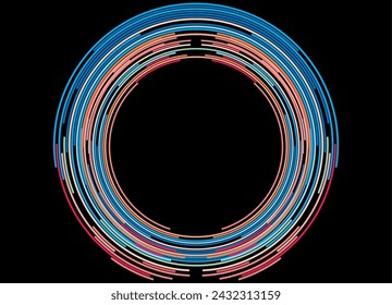 
An abstract ring of thin colored lines on a black background. Neon stripes. Vector background. Light effect