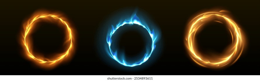 Anillo Abstractas con llamas de fuego amarillo y azul sobre fondo negro. Conjunto realista de Vector 3D de marco de bola de fuego frío y caliente. Borde de círculo ardiente con efecto de brillo y resplandor. Límite de quemado redondo.