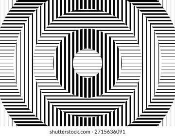 Anillos Abstractas. Moderno patrón de rayas de Vector de líneas negras sobre un fondo blanco. Fondo de Vector para cubiertas, publicidad, textiles. Efecto radial óptico. Arte de pared, 