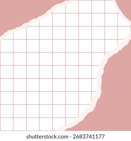Abstract ripped paper background with pink grid pattern design. Modern minimalist template for notes, scrapbook, and creative decoration. Stylish torn edge texture in pastel color theme.
