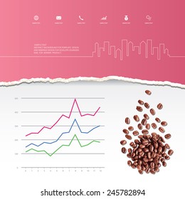 Abstract ripped paper with coffee beans and business graph. Vector infographic background for template design.