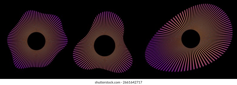 Abstract ripple icon set with concentric broken circles. Vibration, soundwave, echo, sonar, decibel, and volume pictograms for equalizer, radar and circular signal design concepts.