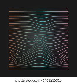 Abstract rippled or gradient lines pattern with wavy vibrant facture on black background. Bright orange, blue and pink colour gradient. Music cover Square format. Vector illustration.