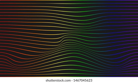 Abstract rippled or rainbow lines pattern with wavy vibrant facture on black background and texture. Bright LGBT colors. Vector illustration