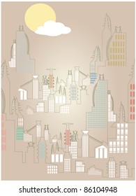 Abstract Rising Cityscape Bright Simple Sun Cloud vector illustration