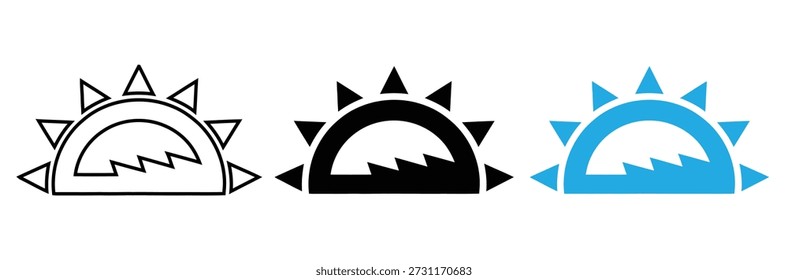 Abstrakte aufgehende Sonne Symbol-Set - Vektor Sonnenaufgang und Sonnenuntergang Logo-Symbole mit Wellen in Umriss und Solid Styles, Vektor-Set von Sonne-Symbole. Unterschiedliche Sonnenkollektion. Sommerzeit Figurenkonzept.