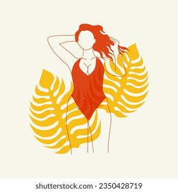 Abstract risograph girl. Cute curvy lady in swimsuit riso print style. Vector floral illustration for poster, t-shirt design