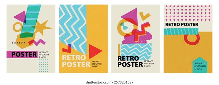 Abstract risograph posters. Modern riso print design with minimal geometric shapes, creative banner layout for magazine cover, brochure, flyer. Vector set.