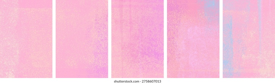 Abstract risograph texture vertical banners set. Analog riso print spring backgrounds with halftone dot overlay. Summer pastel pink and cyan blue backdrops with ink roller texture vector illustration
