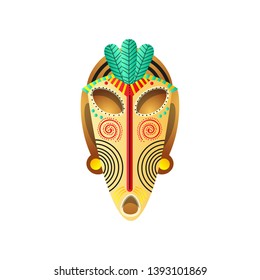 Abstract ritual wood mask with spiral element and green leaf