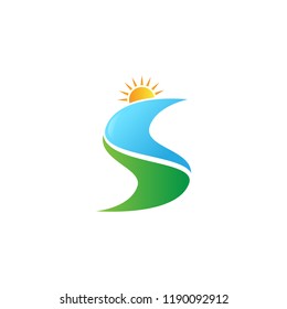abstract river flowing shape with sun in the peak vector logo design template