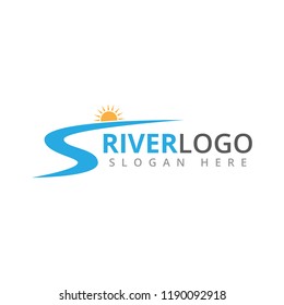 abstract river flowing shape with sun in the peak vector logo design template