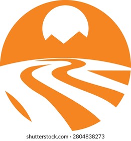 Abstract River Landscape with Sun and Mountains: A stylized, minimalist depiction of a flowing river or road leading towards a sun set or rising over mountain peaks.