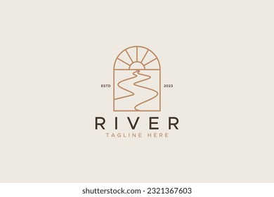 Símbolo de signo de vintage lineal con estilo de boho de Sunset River y Resumen