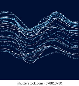 Abstract river water concept. dynamic emitted particles array. Blue dots and spot vector Illustration. Modern geometry luxury design for card, header, web-banner, wallpaper. 