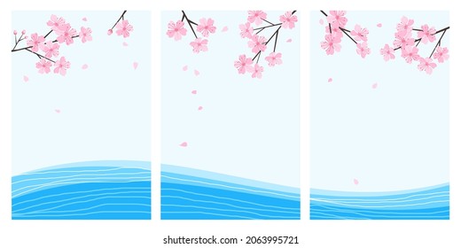 Abstract river wave with hand drawn lines, Sakura branches and falling petals on blue sky backgrounds vector illustration. wall art decoration.