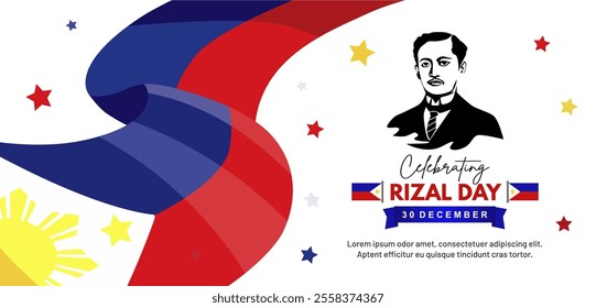 Abstract Rizal Day Banner Background with Jose Rizal Face Illustration and Philippines Waving Flag. Vector Illustration