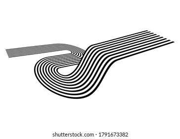 Abstract Road From Curves Of Parallel Black Lines On A White Background. Trendy Vector Pattern