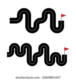 Carretera Abstractas con línea punteada y bandera al final. Tomar un camino ganador y superar las dificultades en el Arte vectorial empresarial