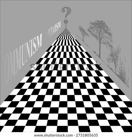 Abstract road to the horizon symbolizing choice and uncertainty. Fading words symbolize different ideological systems and uncertainty of direction, representing choice, ambiguity, and long-term paths in society, economy, and human development.